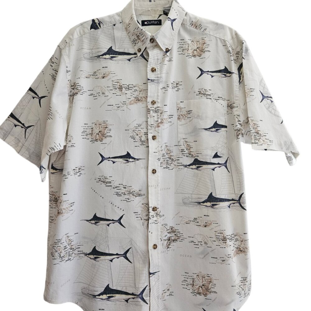 puritan- Men`s Short Sleeve Nautical Fish Button Down Shirt size L